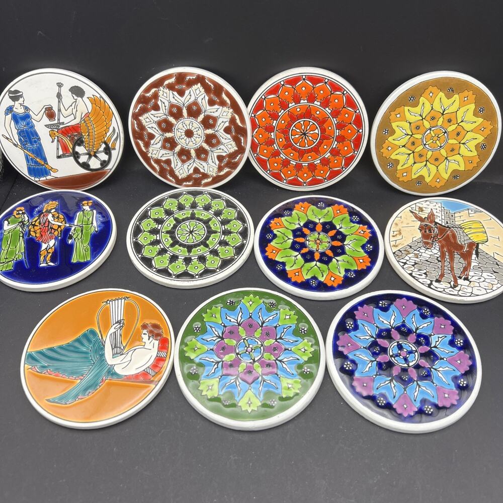 11 GREECE HANDMADE ART TILE CERAMIC COASTERS PANDORA & Smaltotechniki COLORFUL
